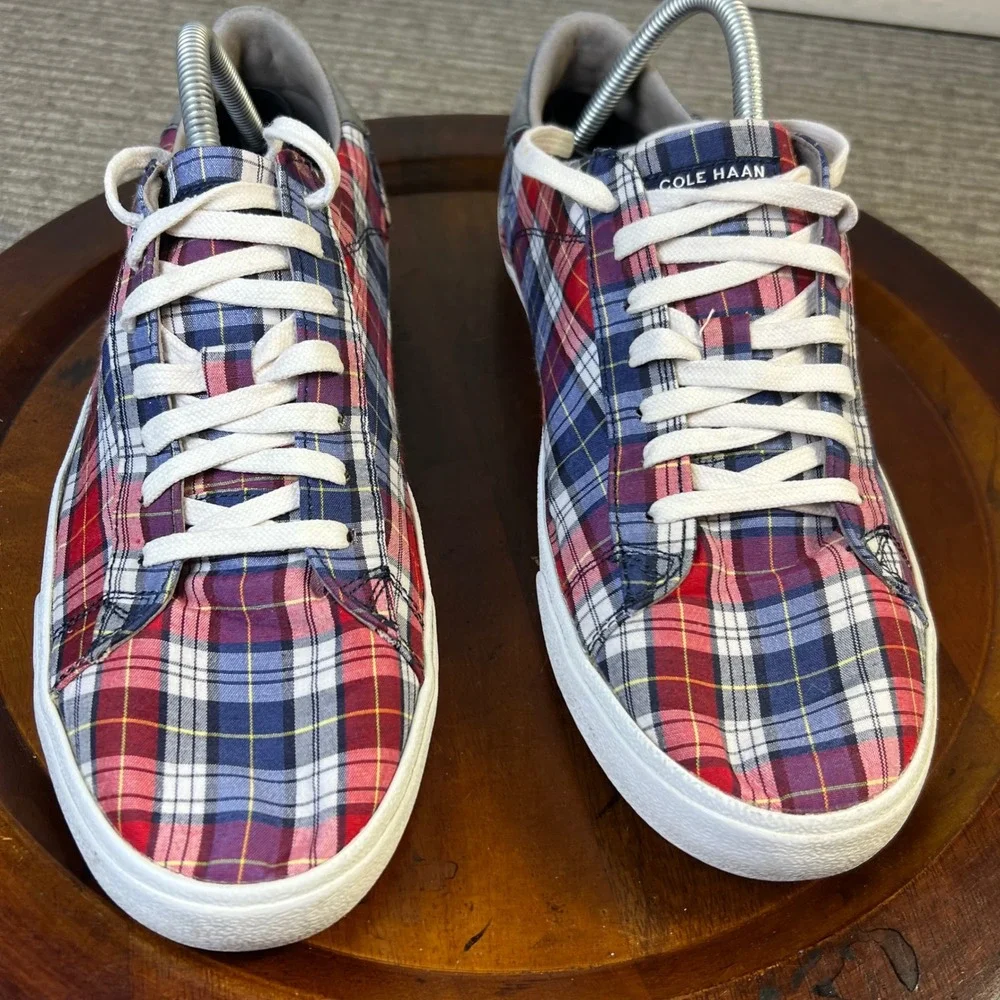 Cole Haan Trafton Club Court 9 Plaid Canvas Low Top Sneakers Red White B C25700